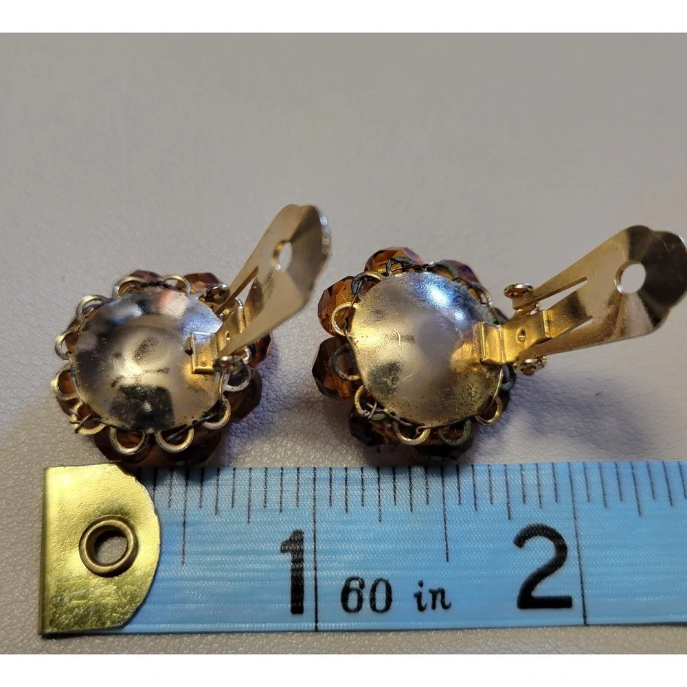 Vintage MARVELLA Autumn Brown Gold Tone Clip On Beaded Earrings Cluster‎ Bead